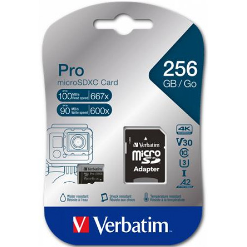 Verbatim Memóriakártya microSDXC 256GB CL10/U3/A2 100/90 MB/s adapter PRO