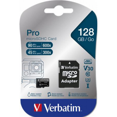 Verbatim Memóriakártya microSDXC 128GB CL10/U3 90/45 MB/s adapter PRO