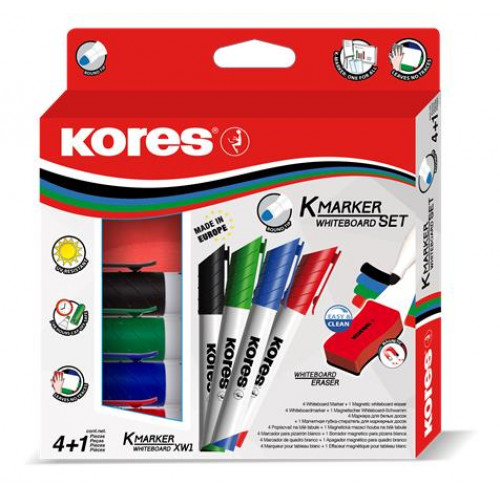 Kores Tábla- és flipchart marker készlet szivaccsal 1-3mm kúpos K-Marker 4 különböző szín