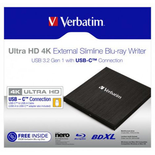 Verbatim Blu-ray író (külső meghajtó) 4K Ultra HD USB 3.1 GEN 1 USB-C Slimeline