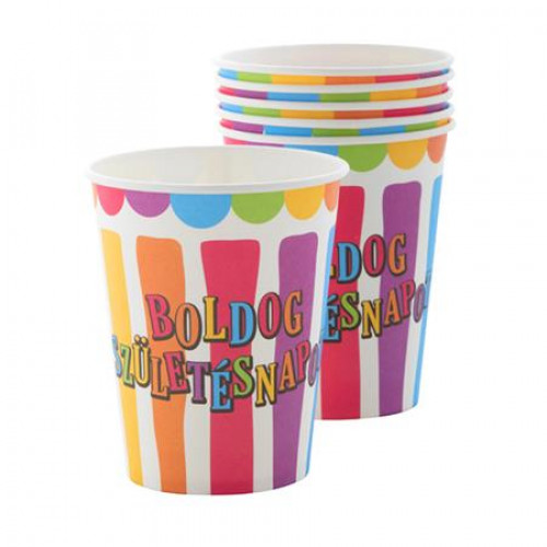 Pohár papír 2,5dl Boldog születésnapot csíkos-pöttyös