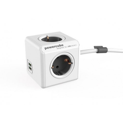 Allocacoc Elosztó 4 aljzat 2 USB csatlakozó 1,5m kábelhossz PowerCube Extended USB DE fehér-szürke