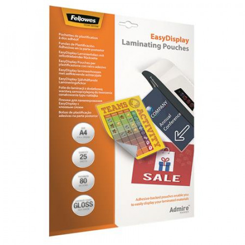 Fellowes Meleglamináló fólia 80 mikron A4 fényes öntapadó 25db Admire Easy Display