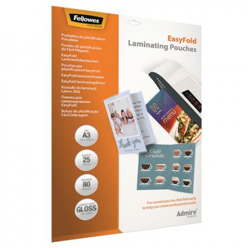 Fellowes Meleglamináló fólia 80 mikron A3 fényes előrehajtott 25db Admire Easyfold