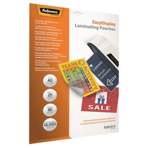 Fellowes Meleglamináló fólia 80 mikron A3 fényes öntapadó 25db Admire Easy Display