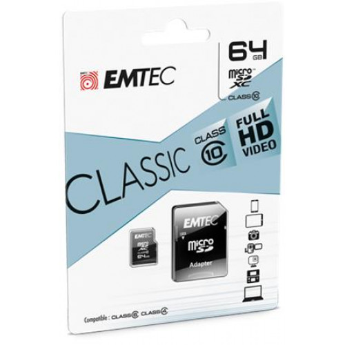 Emtec Memóriakártya microSDXC 64GB CL10 20/12 MB/s adapter Classic
