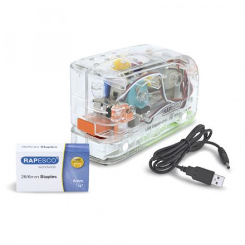 Rapesco Tűzőgép 26/6 15lap elemes USB töltővel 626EL átlátszó