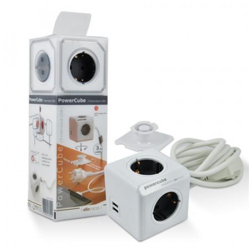 Allocacoc Elosztó 4 aljzat 1 rögzítő 2 USB csatlakozó 3m kábelhossz PowerCube Extended