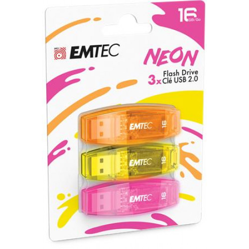 Emtec Pendrive 16GB 3 db USB 2.0 C410 Neon narancs citromsárga rózsaszín