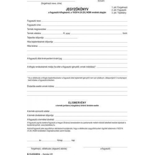 Victoria Jegyzőkönyv a fogyasztó minőségi kifogásáról 25x3 A5 B.13-233