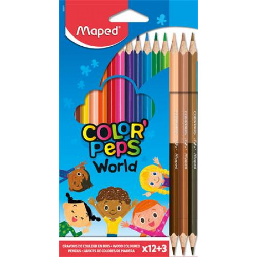 Maped Színes ceruza készlet háromszögletű ColorPeps World 12 különböző szín + 3 kétvégű bőrtónus cer