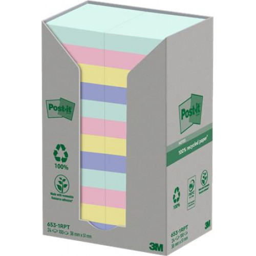 3M Postit Öntapadó jegyzettömb 38x51mm 24x100lap környezetbarát Nature vegyes pasztell színek